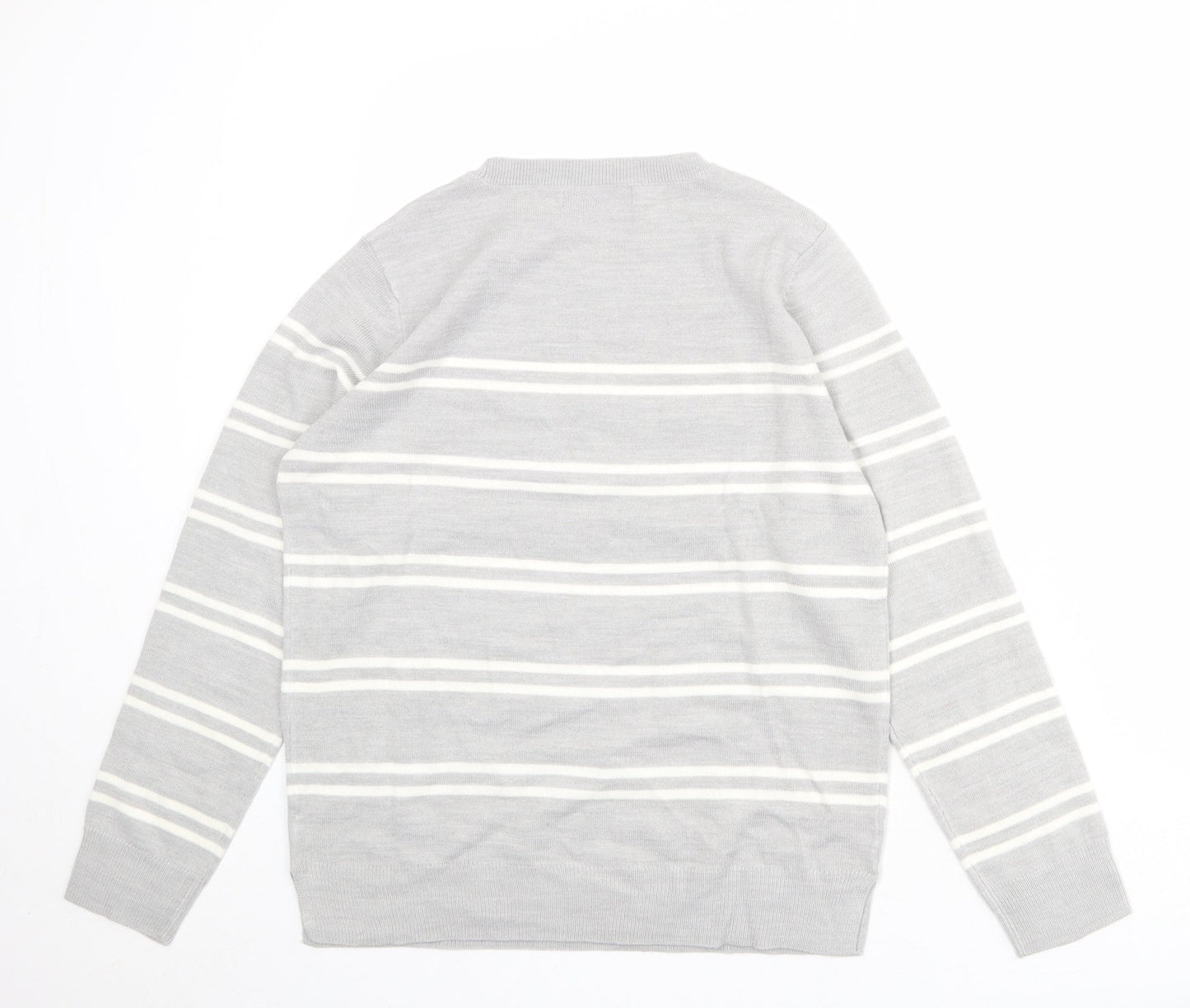 Marks and Spencer Womens Grey Round Neck Striped Acrylic Pullover Jumper Size 12