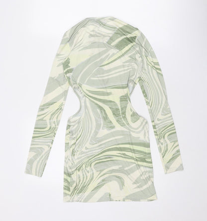 PRETTYLITTLETHING Womens Green Geometric Polyester Bodycon Size 8 Round Neck Pullover