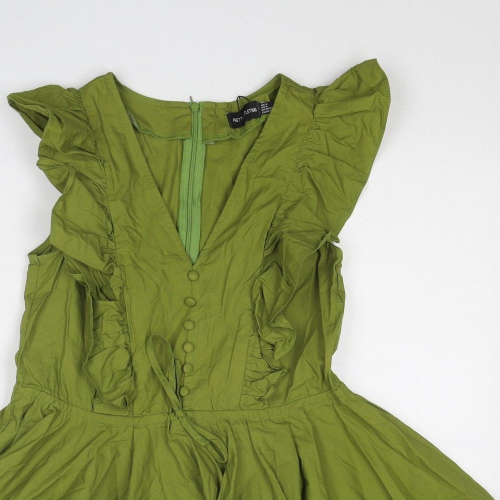 PRETTYLITTLETHING Womens Green Cotton Playsuit One-Piece Size 4 Zip