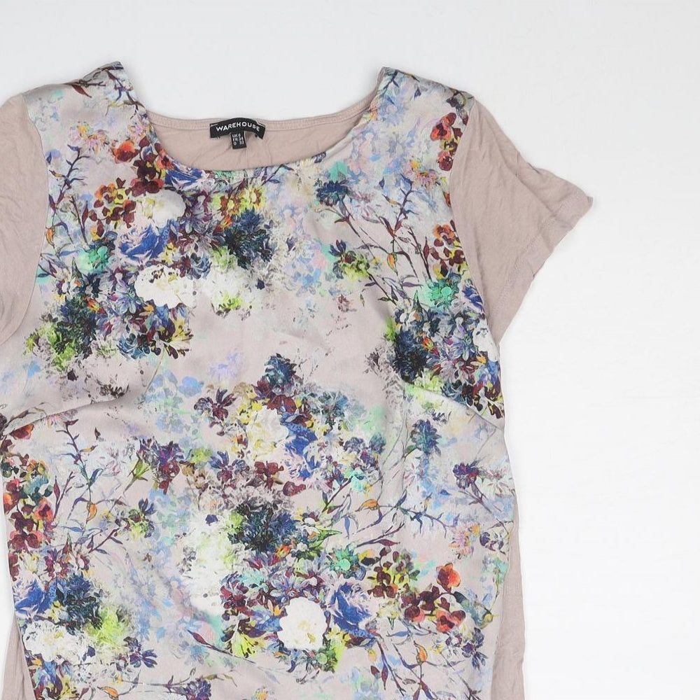 Warehouse Womens Purple Floral Viscose Basic T-Shirt Size 6 Round Neck