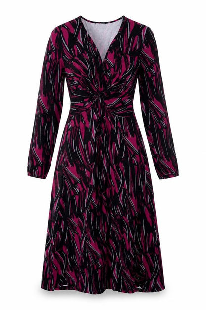Front view of Roman women’s purple geometric viscose a-line, size S, v-neck pullover