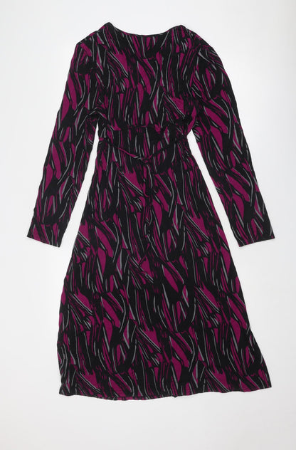 Back view of Roman women’s purple geometric viscose a-line, size S, v-neck pullover