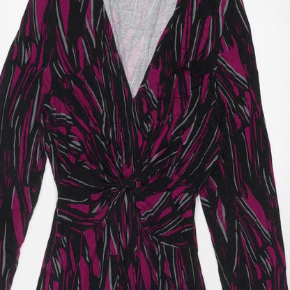 Close-up detail of Roman women’s purple geometric viscose a-line, size S, v-neck pullover