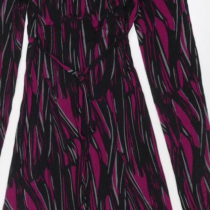 Brand and care label for Roman women’s purple geometric viscose a-line, size S, v-neck pullover