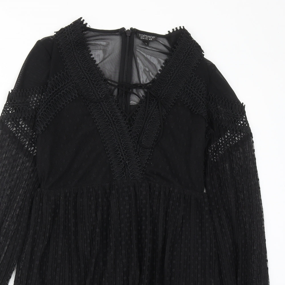 Topshop Womens Black Geometric Polyester Shift Size 10 V-Neck Zip