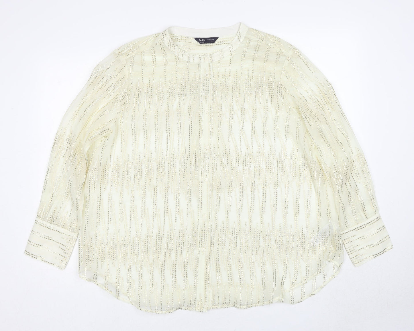 Marks and Spencer Womens Gold Geometric Polyester Basic Button-Up Size M Round Neck