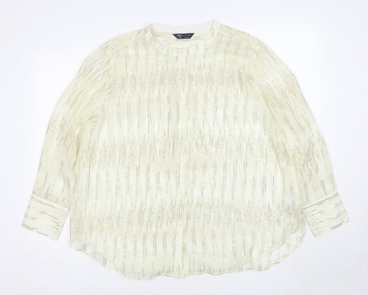 Marks and Spencer Womens Gold Geometric Polyester Basic Button-Up Size M Round Neck