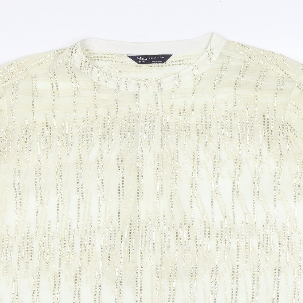 Marks and Spencer Womens Gold Geometric Polyester Basic Button-Up Size M Round Neck