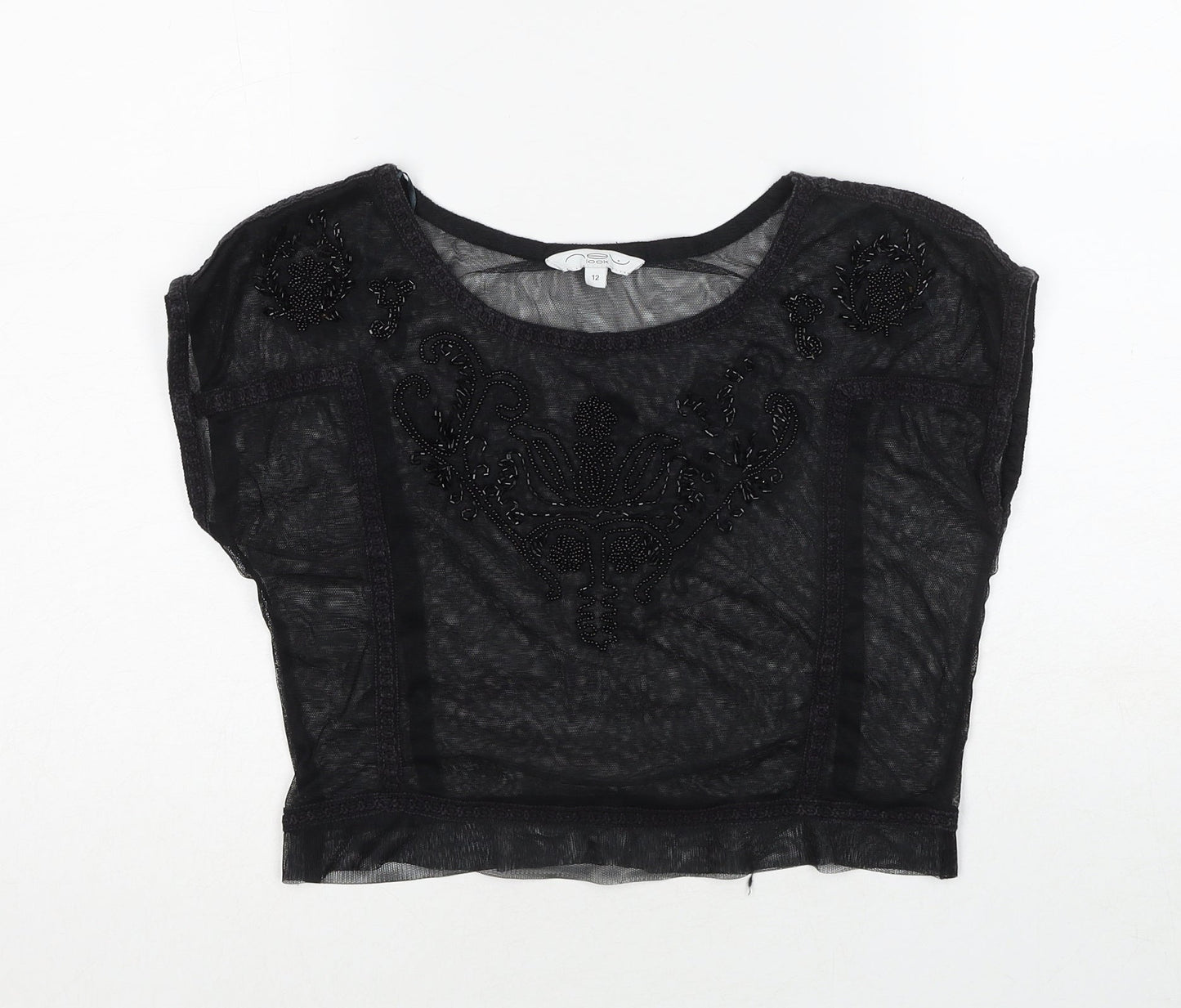 New Look Womens Black Geometric Polyester Basic Blouse Size 12 Round Neck
