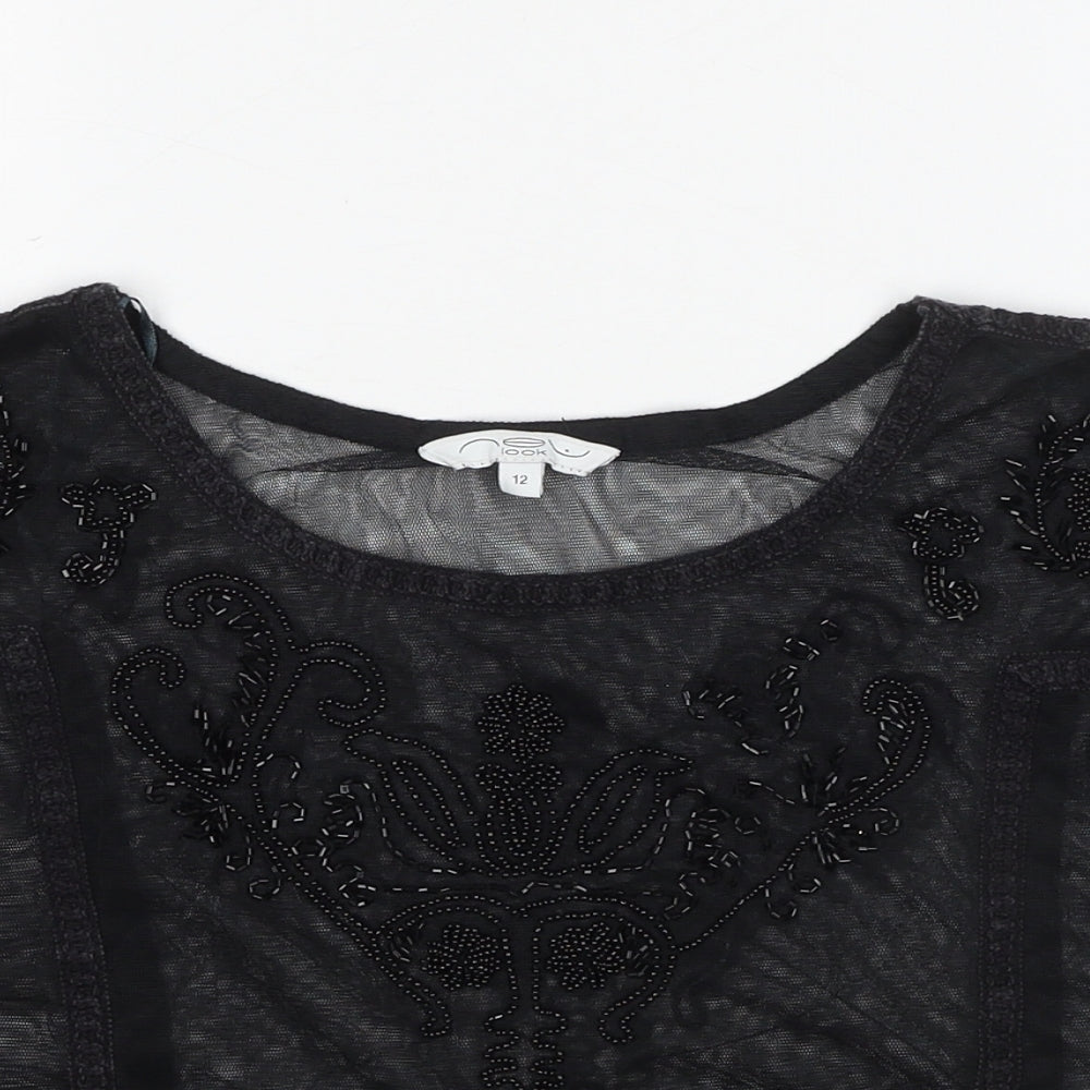 New Look Womens Black Geometric Polyester Basic Blouse Size 12 Round Neck