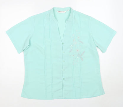 EWM Womens Blue Geometric Polyester Basic Button-Up Size 18 V-Neck