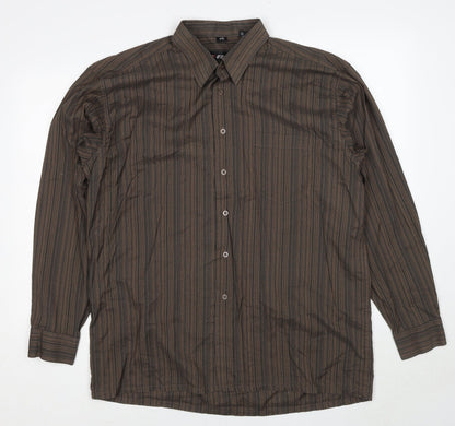 ECHOl Mens Brown Striped Polyester Button-Up Size L Collared Button - Collar 16-16½''
