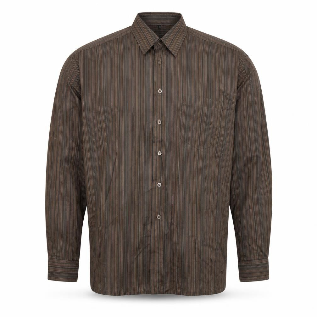 ECHOl Mens Brown Striped Polyester Button-Up Size L Collared Button - Collar 16-16½''