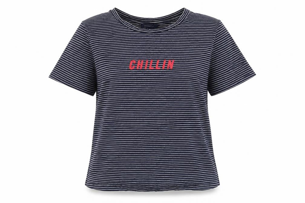 FOREVER 21 Womens Blue Striped Cotton Basic T-Shirt Size M Round Neck - Chillin