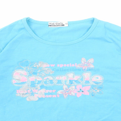 Close-up detail of Naf girls’ girls blue polyester basic t-shirt, size 10, years round neck pullover - sparkle