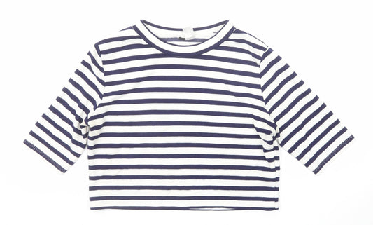 H&M Womens Blue Striped Viscose Cropped T-Shirt Size M Boat Neck