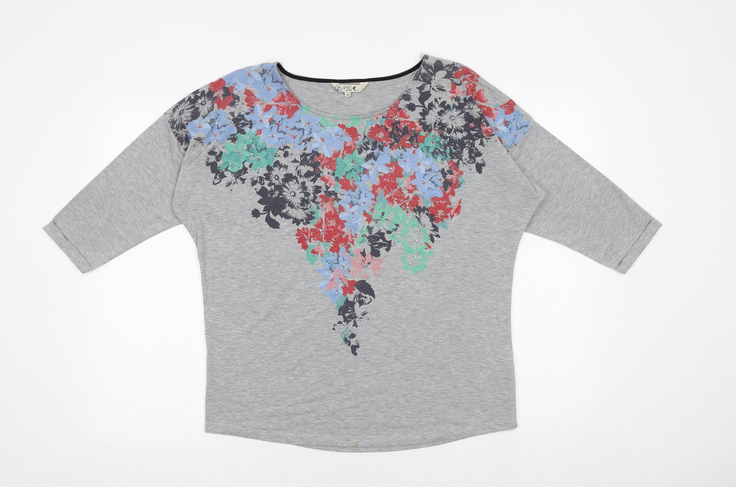 M&Co Womens Grey Floral Viscose Basic Blouse Size 10 Round Neck