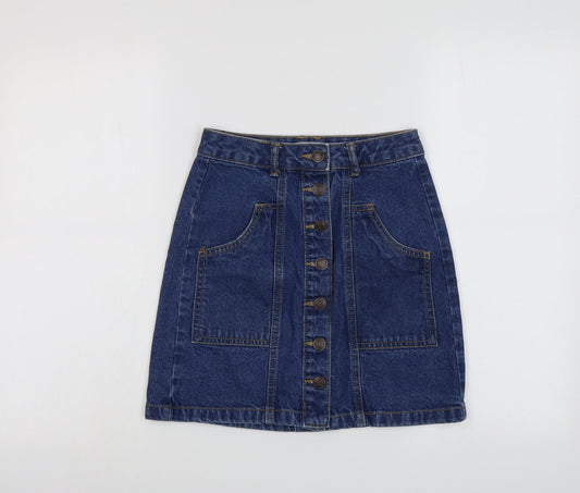 Stradivarius Womens Blue Cotton A-Line Skirt Size 4 Button