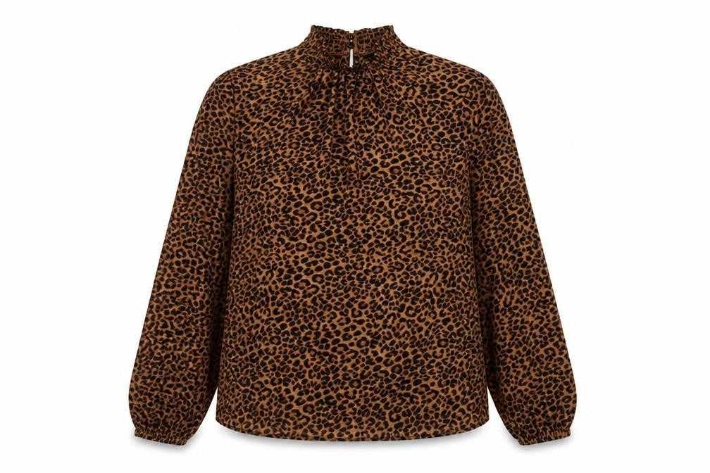 New Look Womens Brown Animal Print Polyester Basic Blouse Size 8 Mock Neck - Leopard Print