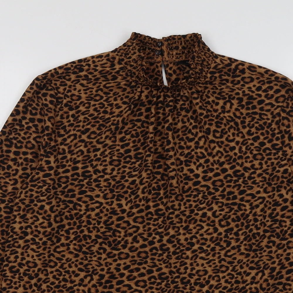 New Look Womens Brown Animal Print Polyester Basic Blouse Size 8 Mock Neck - Leopard Print