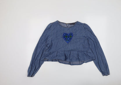 Marks & Spencer Womens Blue Cotton Basic Blouse Size 14 Round Neck - Heart