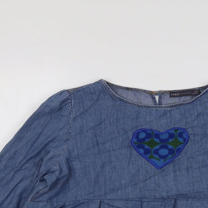 Marks & Spencer Womens Blue Cotton Basic Blouse Size 14 Round Neck - Heart