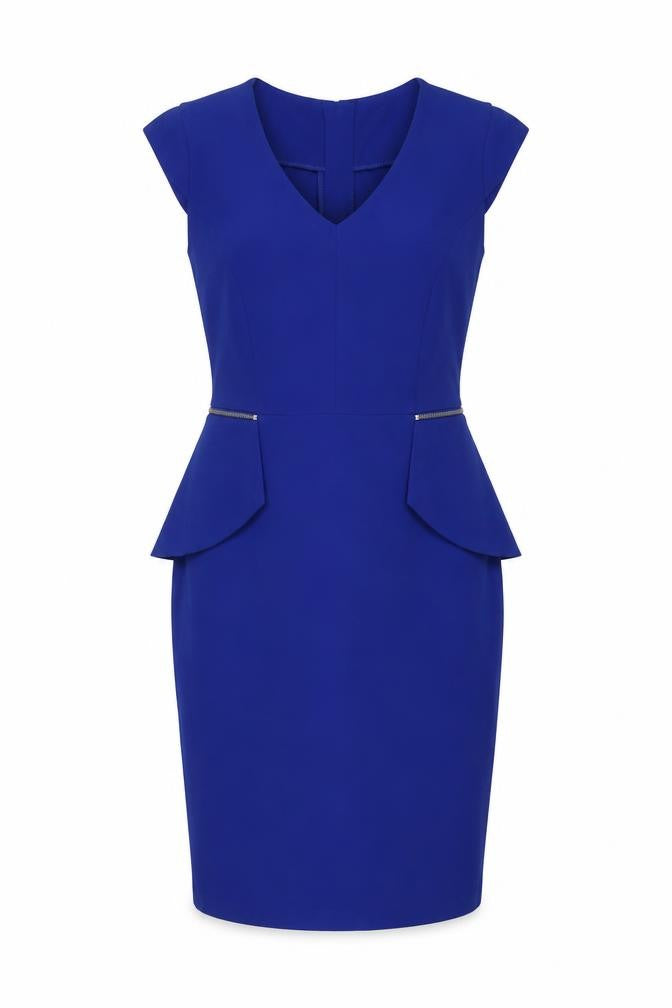 South Womens Blue Polyester Sheath Size 8 V-Neck Zip - Cap Sleeve Peplum