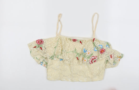 Elli White Womens Beige Floral Polyester Cropped Blouse Size M Off the Shoulder