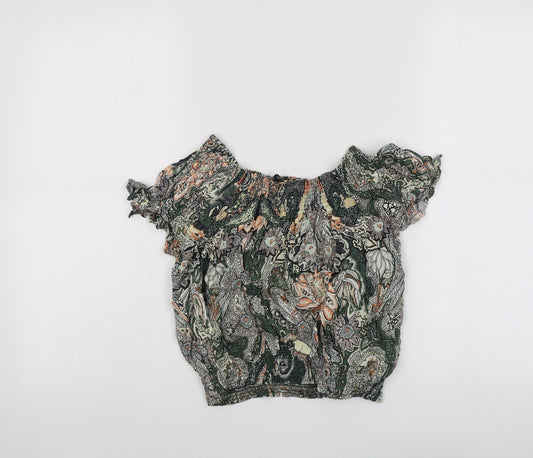 Zara Womens Green Geometric Viscose Basic Blouse Size S Round Neck