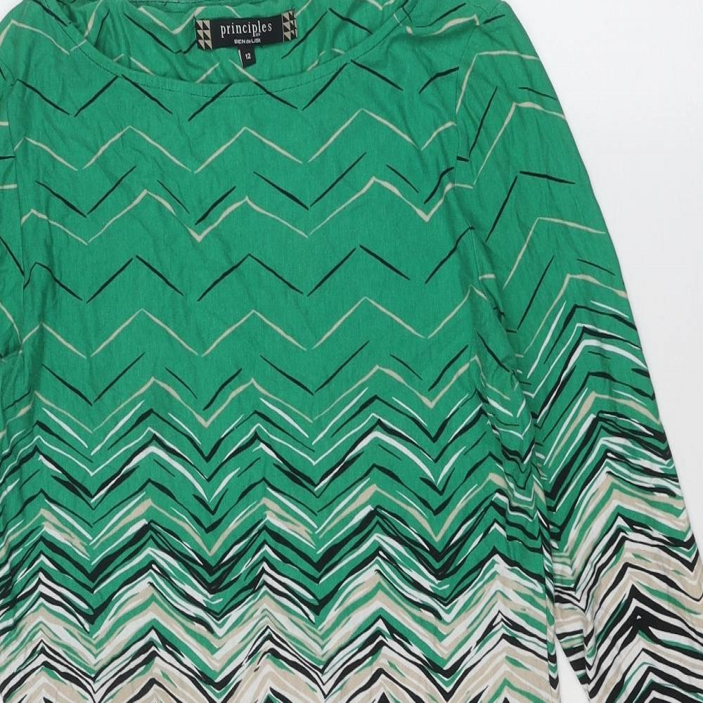 Principles Womens Green Geometric Viscose A-Line Size 12 Boat Neck Pullover