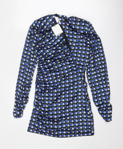 Zara Womens Blue Geometric Polyester Mini Size S Round Neck Zip