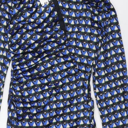 Zara Womens Blue Geometric Polyester Mini Size S Round Neck Zip