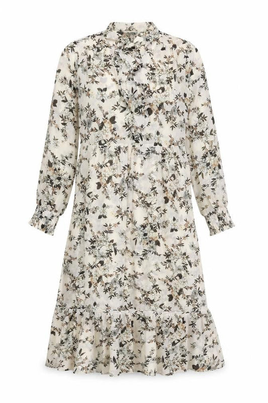 Front view of Miss Selfridge women’s beige floral polyester a-line, size UK 4, mock neck tie - tie neck detail