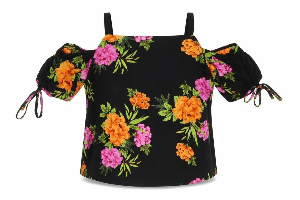 New Look Womens Black Floral Polyester Basic Blouse Size 8 Round Neck - Cold Shoulder