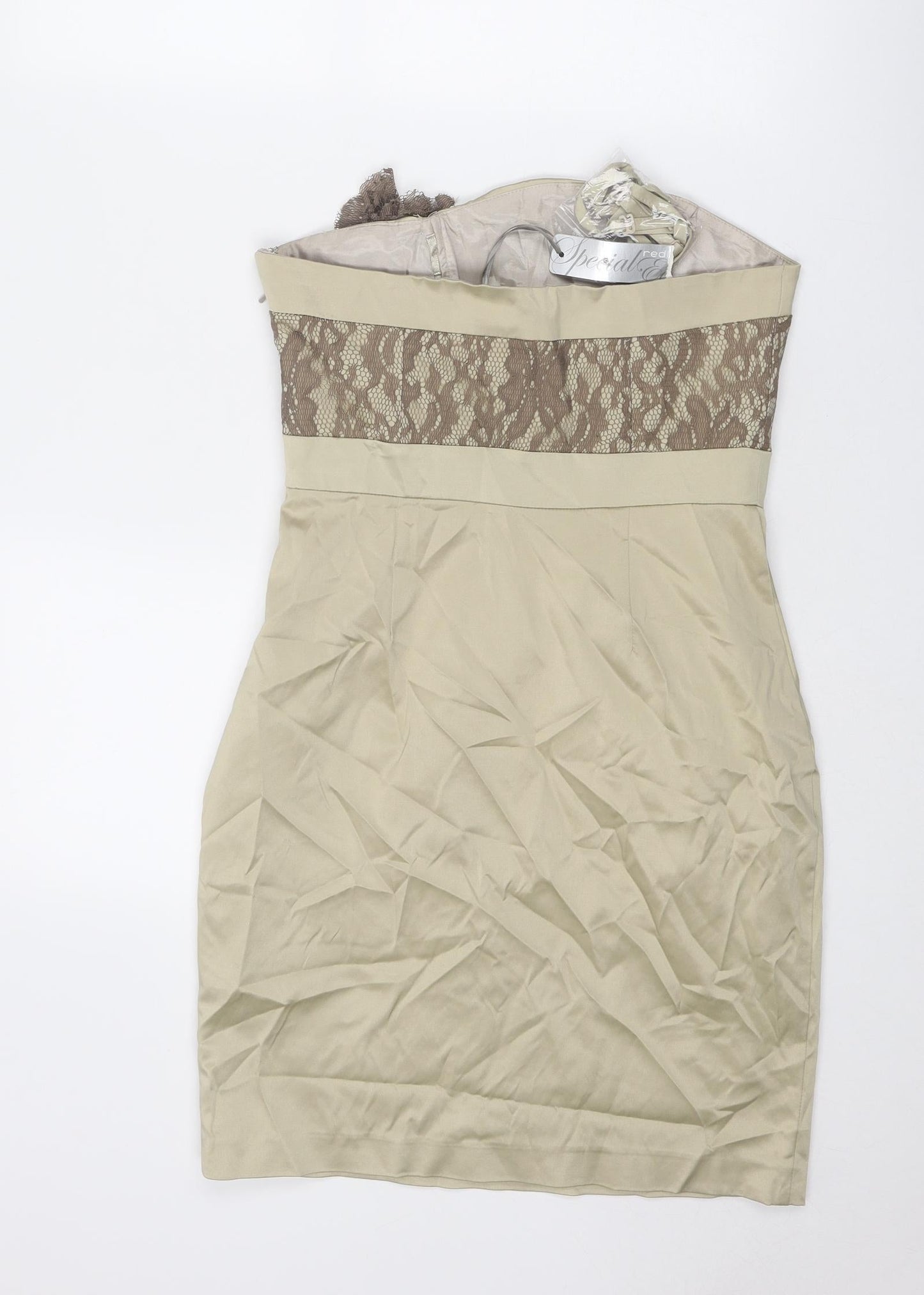Red Herring Womens Gold Polyester Mini Size 10 Square Neck Zip - Strapless Lace Details