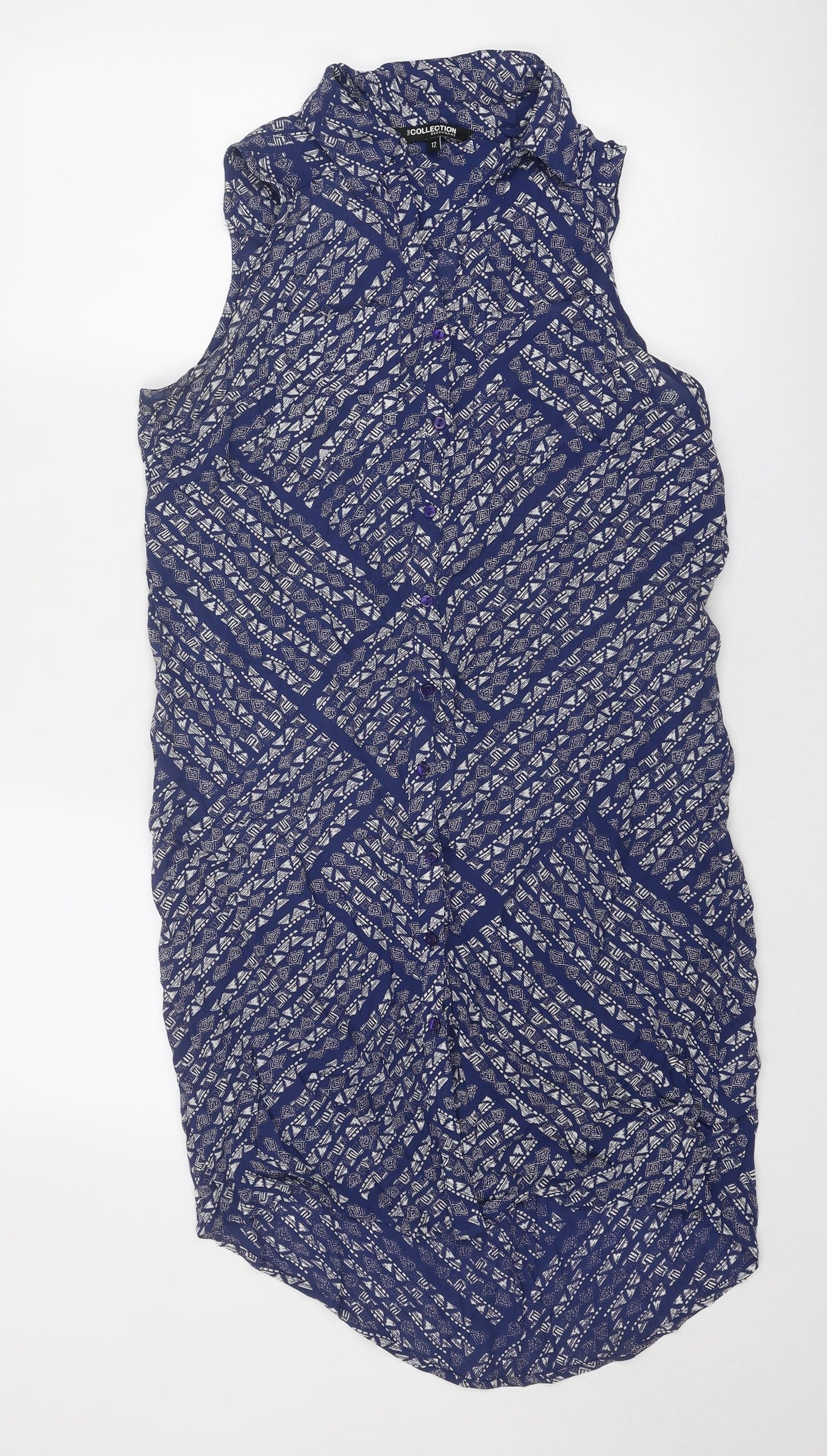 Debenhams Womens Blue Geometric Viscose Shirt Dress Size 12 Collared Button