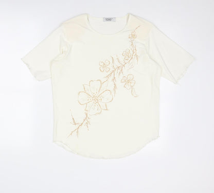 Sonic Womens Ivory Polyester Basic T-Shirt Size 16 Round Neck - Flower