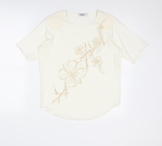Sonic Womens Ivory Polyester Basic T-Shirt Size 16 Round Neck - Flower