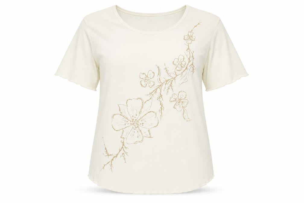 Sonic Womens Ivory Polyester Basic T-Shirt Size 16 Round Neck - Flower