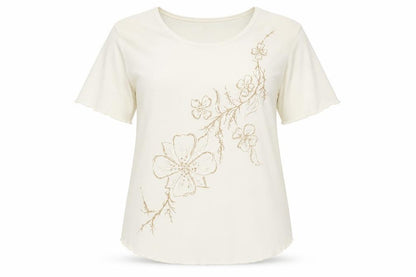 Sonic Womens Ivory Polyester Basic T-Shirt Size 16 Round Neck - Flower