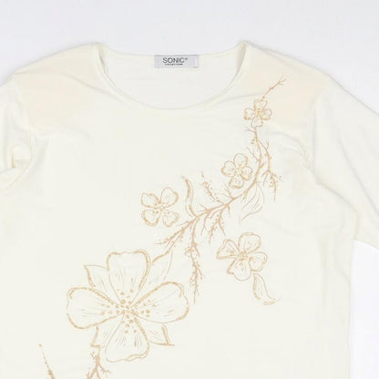 Sonic Womens Ivory Polyester Basic T-Shirt Size 16 Round Neck - Flower