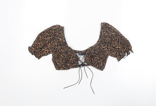 ASOS Womens Brown Animal Print Polyester Cropped Blouse Size 6 Scoop Neck - Leopard Print