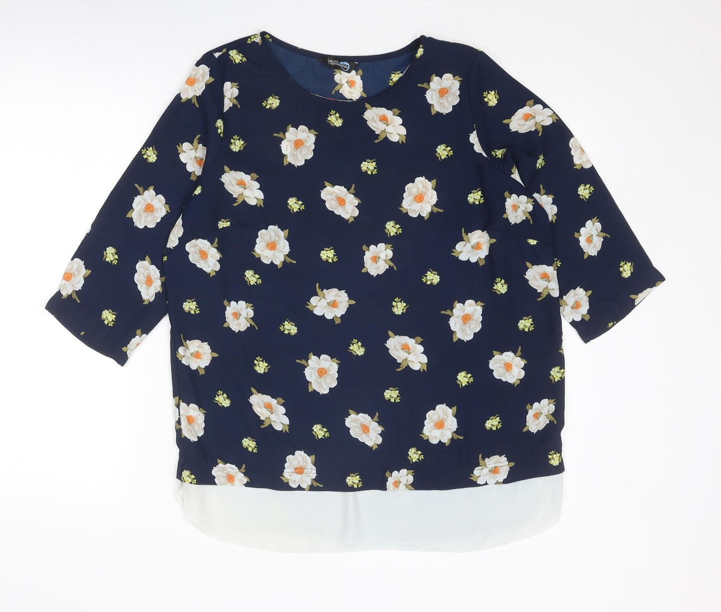 Blue Chameleon Womens Blue Floral Polyester Basic Blouse Size 14 Round Neck