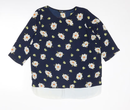 Blue Chameleon Womens Blue Floral Polyester Basic Blouse Size 14 Round Neck
