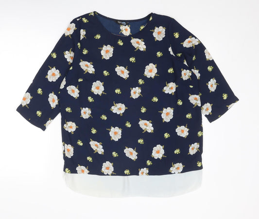 Blue Chameleon Womens Blue Floral Polyester Basic Blouse Size 14 Round Neck