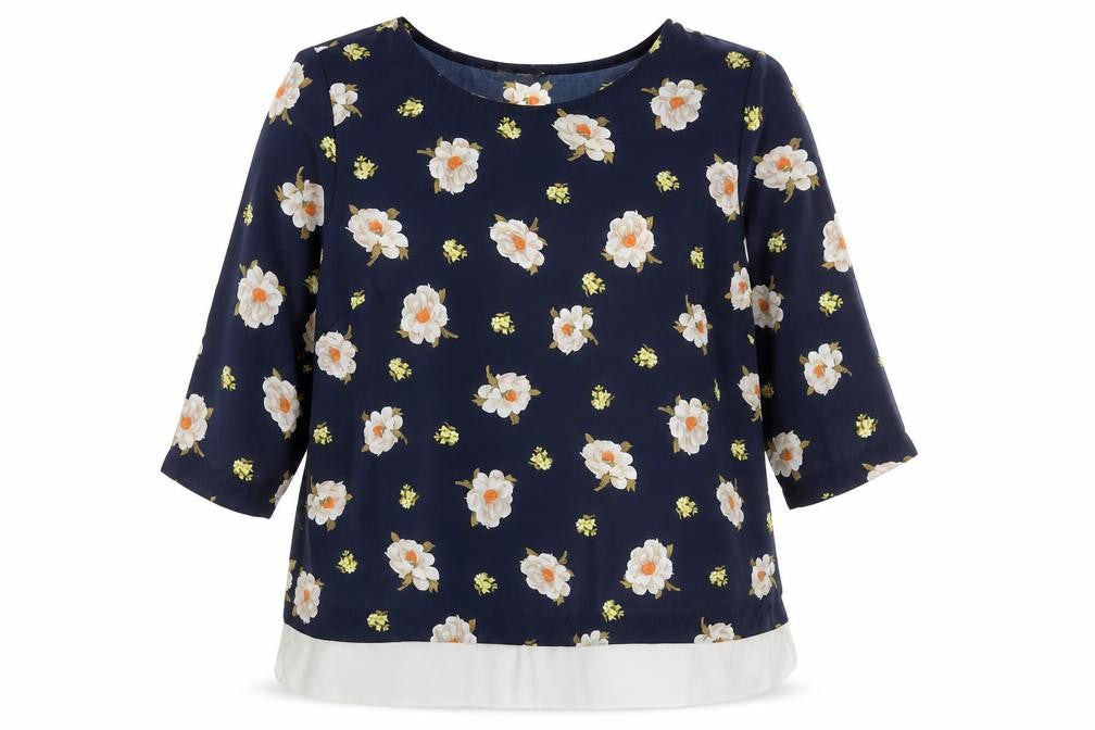Blue Chameleon Womens Blue Floral Polyester Basic Blouse Size 14 Round Neck