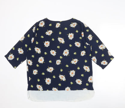 Blue Chameleon Womens Blue Floral Polyester Basic Blouse Size 14 Round Neck