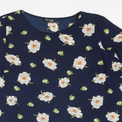 Blue Chameleon Womens Blue Floral Polyester Basic Blouse Size 14 Round Neck