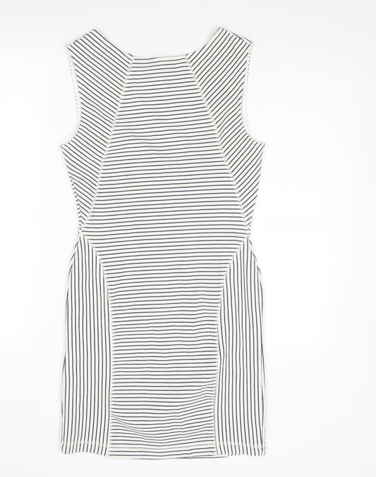 Mango Womens White Striped Cotton Shift Size S Round Neck Zip
