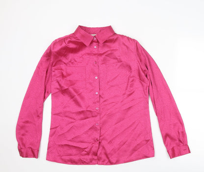 Classics Womens Pink Animal Print Polyester Basic Button-Up Size 10 Collared - Leopard Print